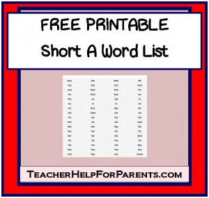 FREE PRINTABLE Short A Word List - From TeacherHelpForParents.com