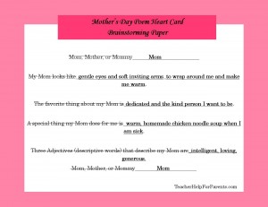 Mother's Day Poem Heart Card Brainstorming Sheet 2
