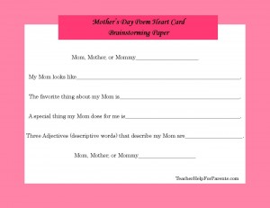 Mother's Day Poem Heart Card Brainstorming Sheet
